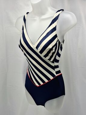 NWOT Sirena Vintage Retro Nautical One Piece Swimsuit Striped Navy Blue White